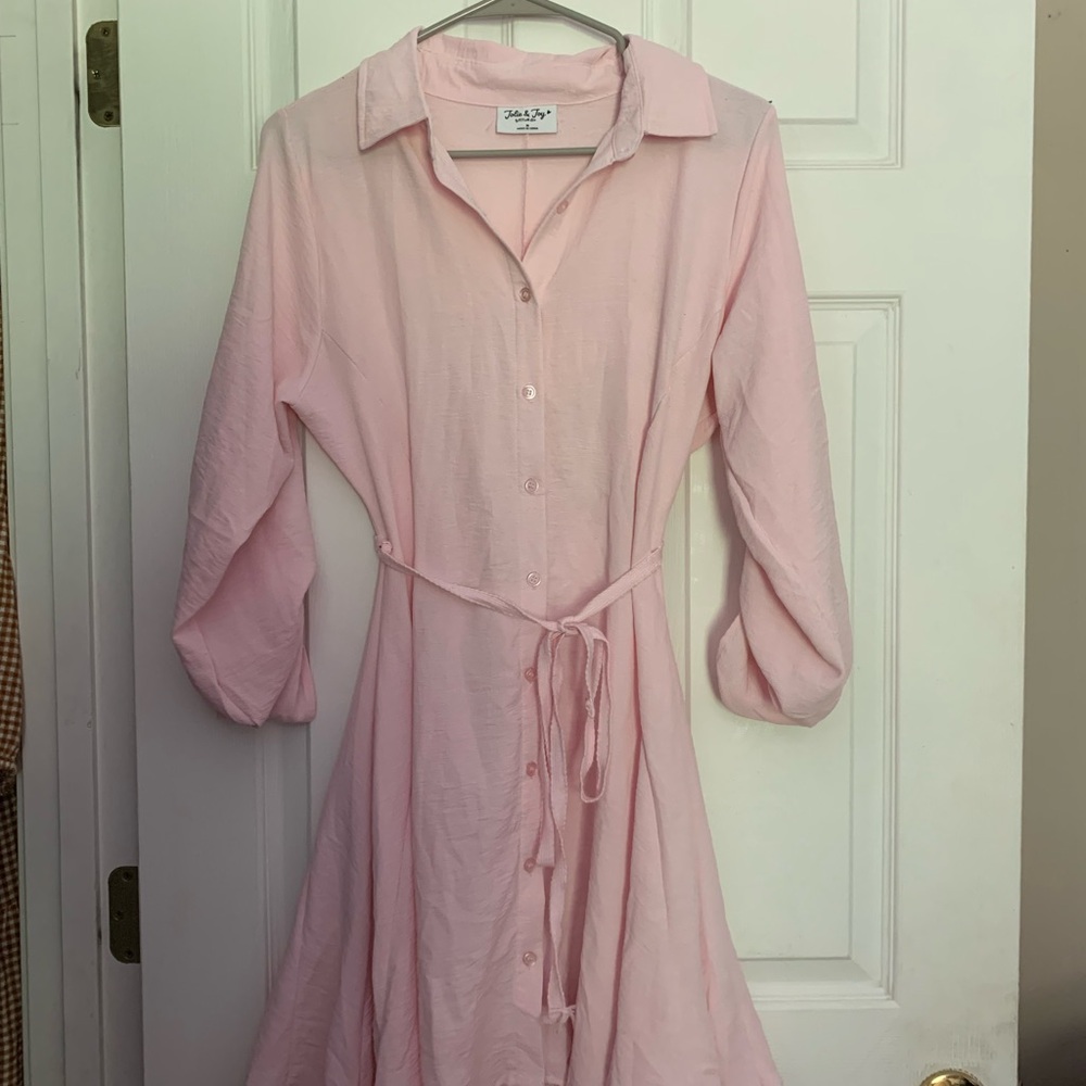 Pink Button-Front Shirt Dress with Tie Waist